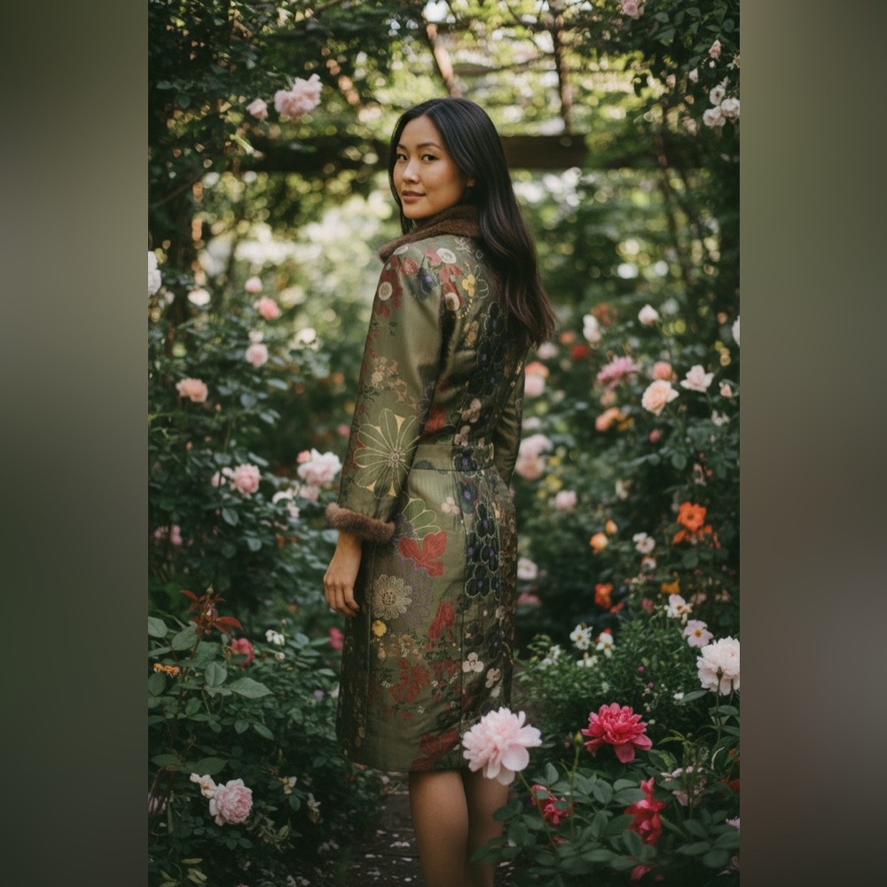 Charlotte Brody silk brocade mink fur dress